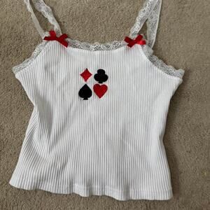 White lace trimmed card suit cropped tank top